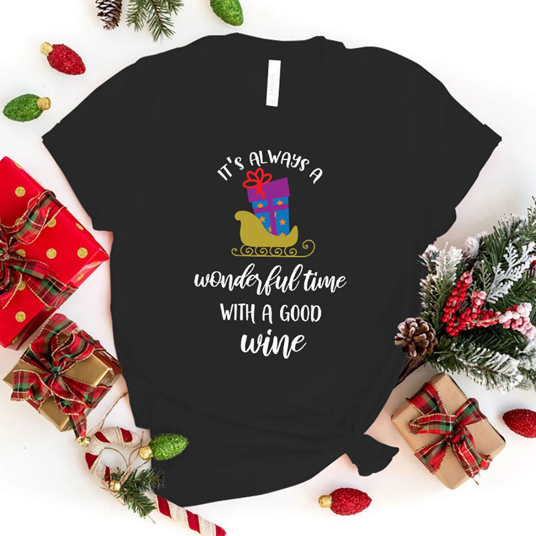 

Hot Christmas It'S Always A Wonderful Time With A Good Wine Print Short Sleeve T Shirts Women Casual Shirts Women'S Crew Neck