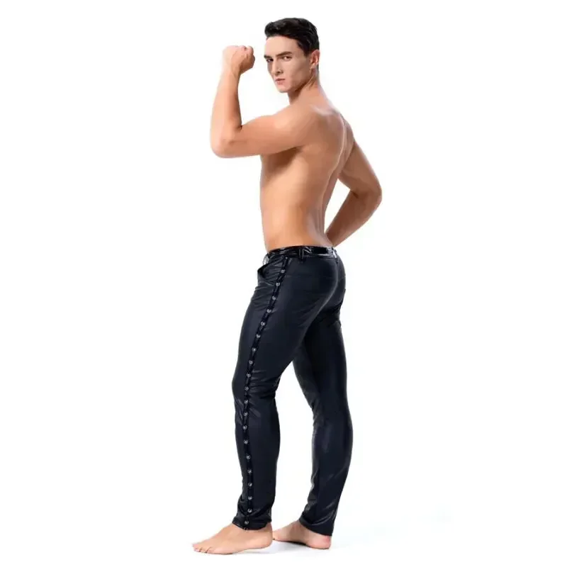Men Black Skinny Pants Stretch Leggings Sexy Latex Long Trousers Dance Costume PVC Faux Singers Dancer Dance Latex Leggings