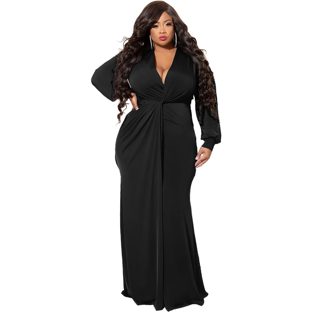 WSFEC XL-5XL Plus Size Dresses Women Clothing Long Sleeve Bodycon Solid Color Sexy Elegant Long Evening Dress Female Outfits