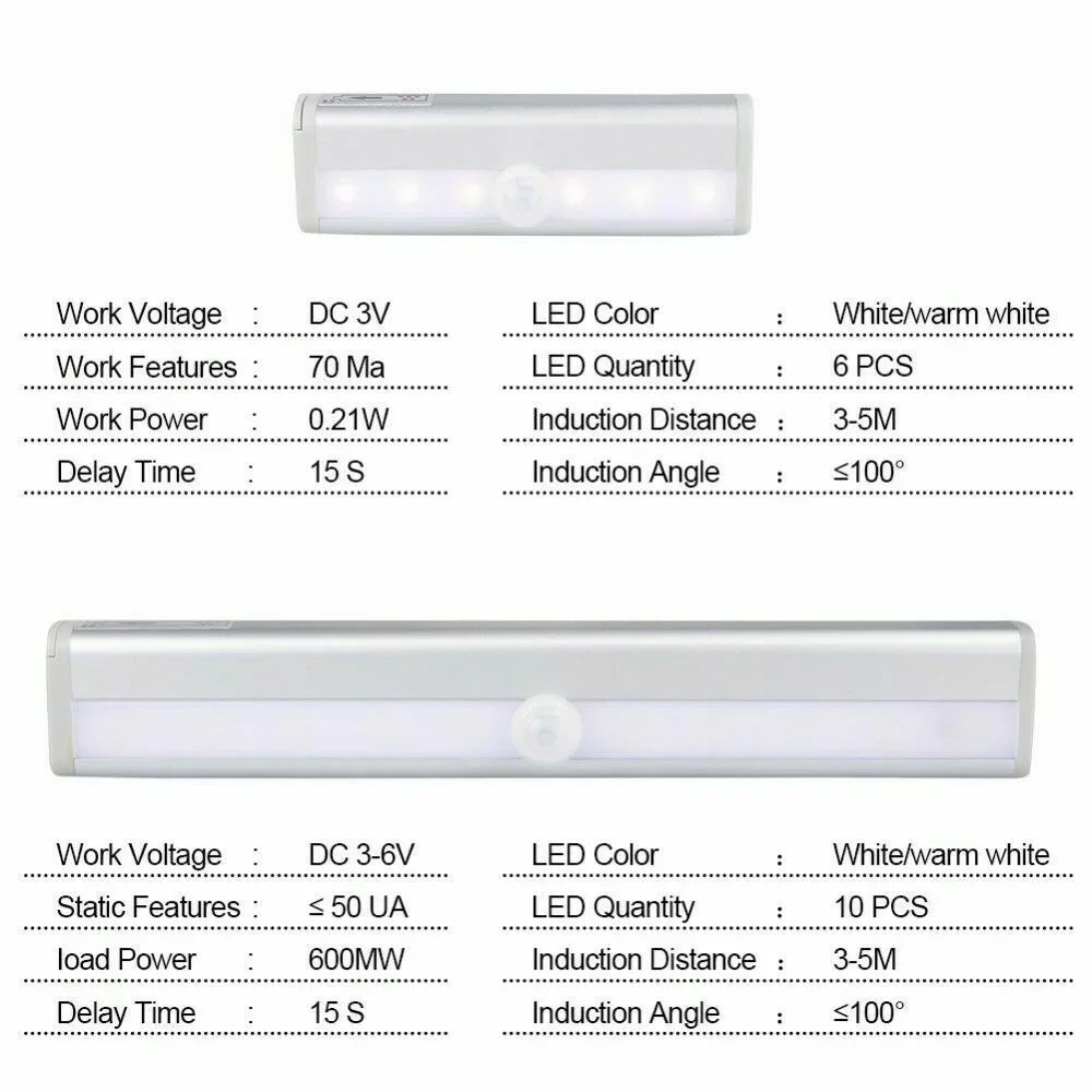 Jasne 10-diody LED PIR LED Lampka z czujnikiem ruchu Szafka Szafa Łóżko Lampka LED Pod szafką Lampka nocna Do szafy Schody Kuchnia