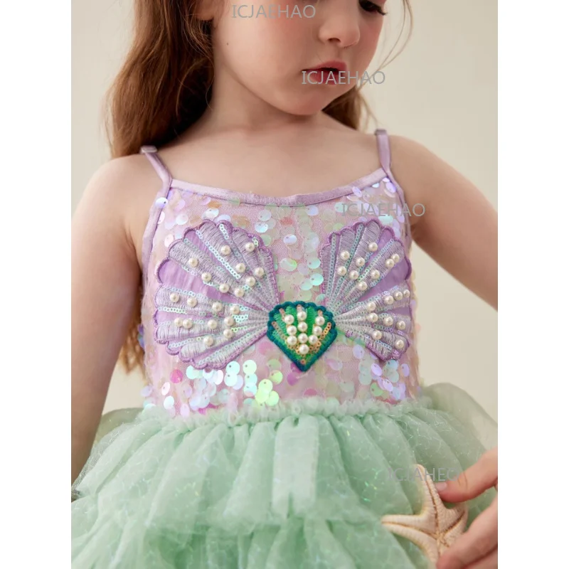 2026 Children Girls Summer MermaidTulle Cake Kids Little Tutu Princess Gown Pageant Costume Sleeveless Dress Shell Sequin Decor