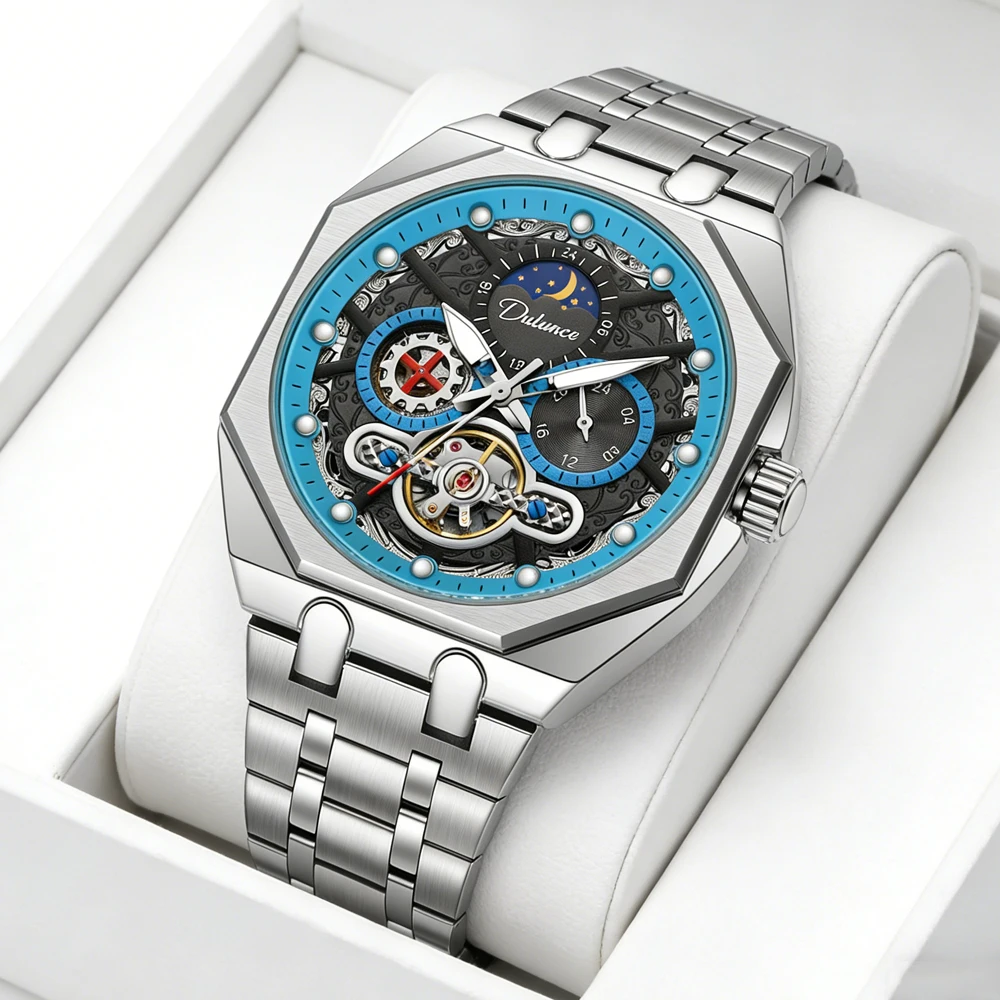 

Новые модные мужские часы с турбийоном и фазами Луны, роскошные механические часы из нержавеющей стали, водонепроницаемые автоматические наручные часы для мужчин