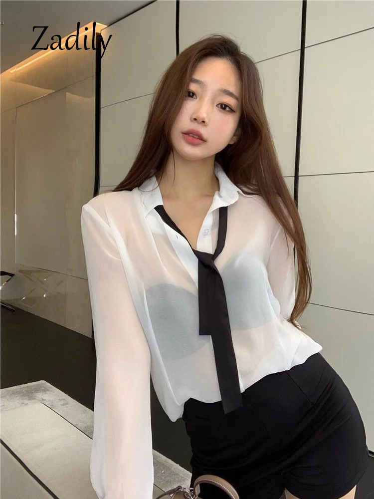 Zadily 2023 Summer Korea Style Button Up Women White Chiffon Shirt Office Lady Long Sleeve Transparent Blouse Female Work Tops