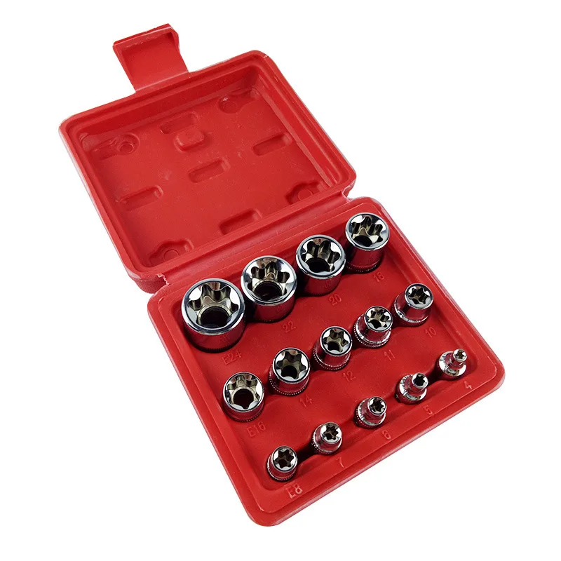 14pcs Gear Sleeve Torx Star Socket Set 6.3mm 10mm 12.5mm Drive Socket Wrench Head For Repair Tools Female E4-E24 Sockets