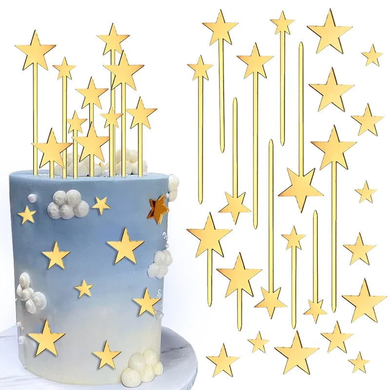 

24Pcs Acrylic Gold Star Cake Toppers for Kids Birthday Party Cake DIY Decoration Wedding Christmas Cake Decorating Tools Kit One