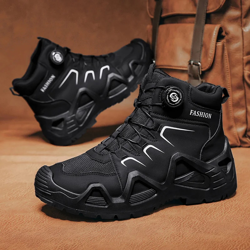 New high top shoes rotating buckle fashion trend short boots military boots outdoor oversized leather boots hiking boots