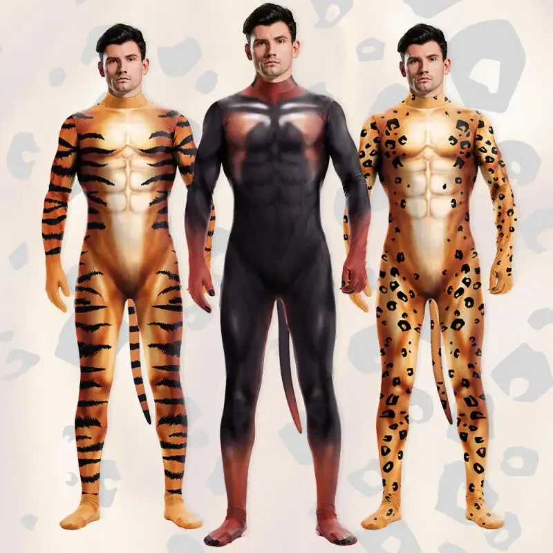 

Halloween Cosplay Men Long Sleeve Zenti Party Bodysuit Pajamas Family Animal Leopard Print Onesie Long Sleeve Wild Outfits