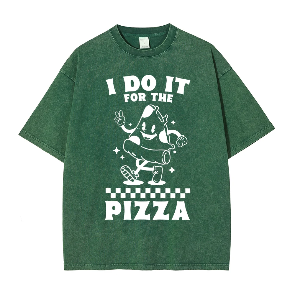 New Cute Pizza T-Shirt Crew Neck Retro Washed Alphabet Printing High Gram Weight Cotton Top Fashion Casual Short Sleeves