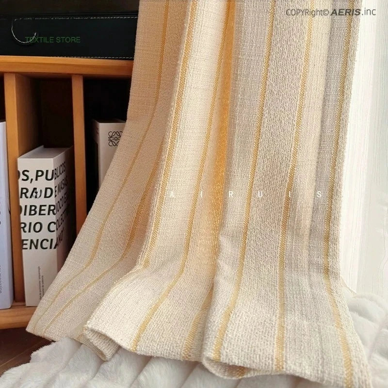 Milk Yellow Striped Natural Cotton Linen Thickened Curtains for Living Room Bedroom Partition Curtains Customized Door Curtains