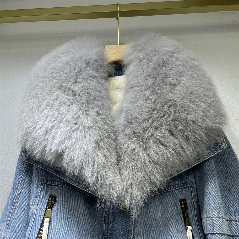 Winter Echt fuchs Pelz kragen abnehmbare Denim Pelzmantel Frauen verdickt Liner Mode kurze warme Baumwolle Mantel weibliche Parkas y4475