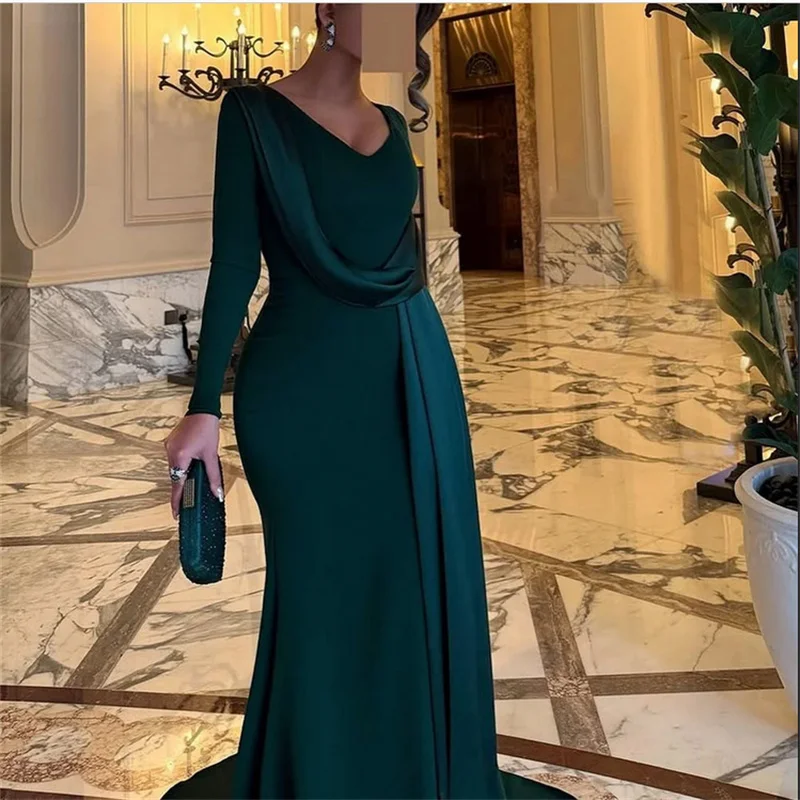 

Vintage Long Sleeve Evening Dresses for Women Saudi Dubai Elegant Modest Formal Gown Dark Green Mermaid Prom Dress Customized