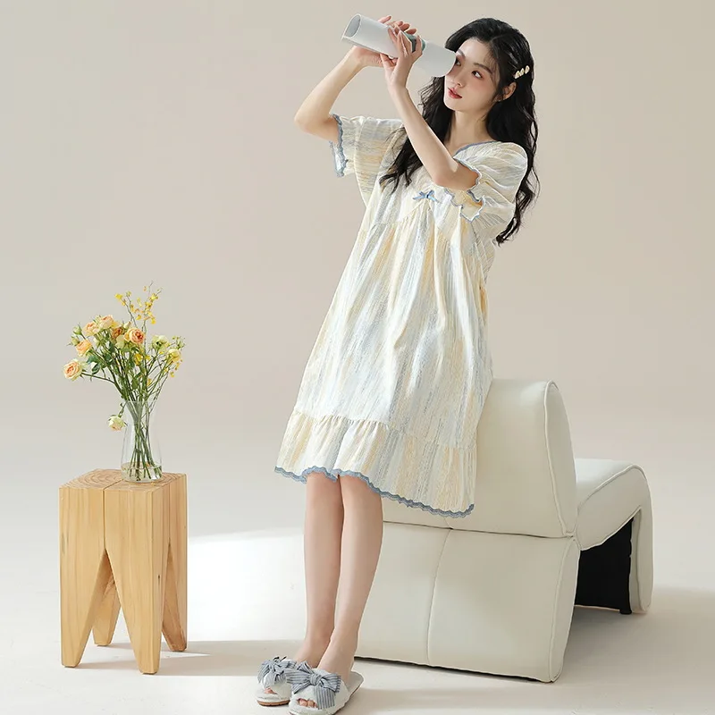 

Sweet Cute Long Sleepshirt for Women Summer Cotton Pajamas for Woman Casual Short Sleeves Nightgowns Nightdress