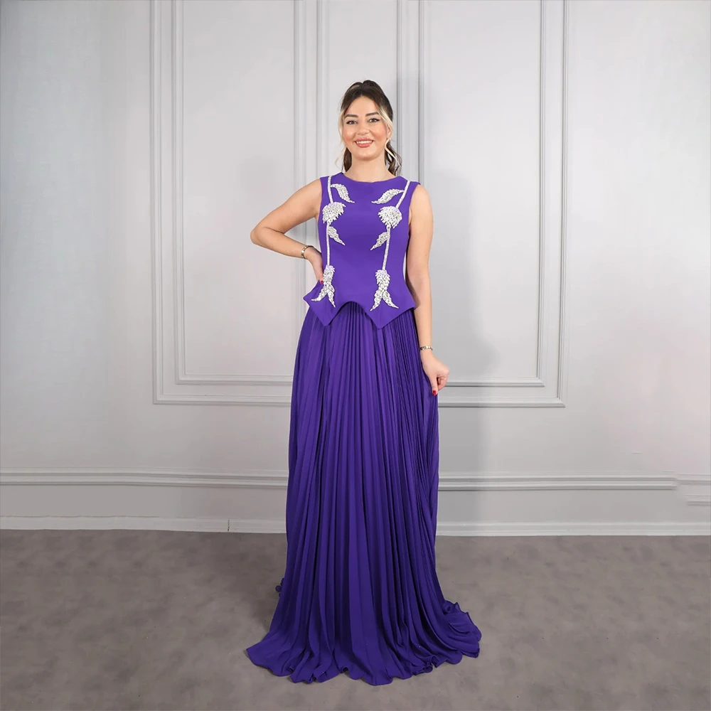 

Customized Sleeveless Long Evening Dresses Elegant Formal Occasion O-Neck Prom Gowns Crystal 2025 Floor Length Prom Dresses