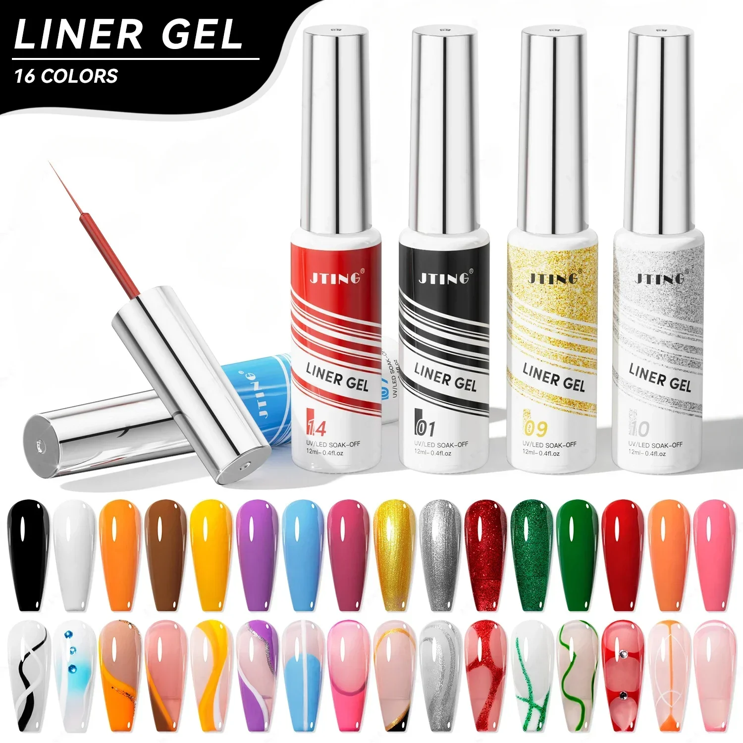 16pcs 12ml White Black Liner Gel Nail Polish Colorful French Painting Stripe Semi Permanent Drawing Nail Art UV Gel Varnish