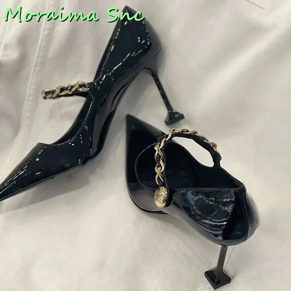 

Pointed Toe Metal Chain Decor Pumps Shallow Patent Leather Stiletto High Heel Slip On Ankle Strap Women Shoes Summer Fashion New