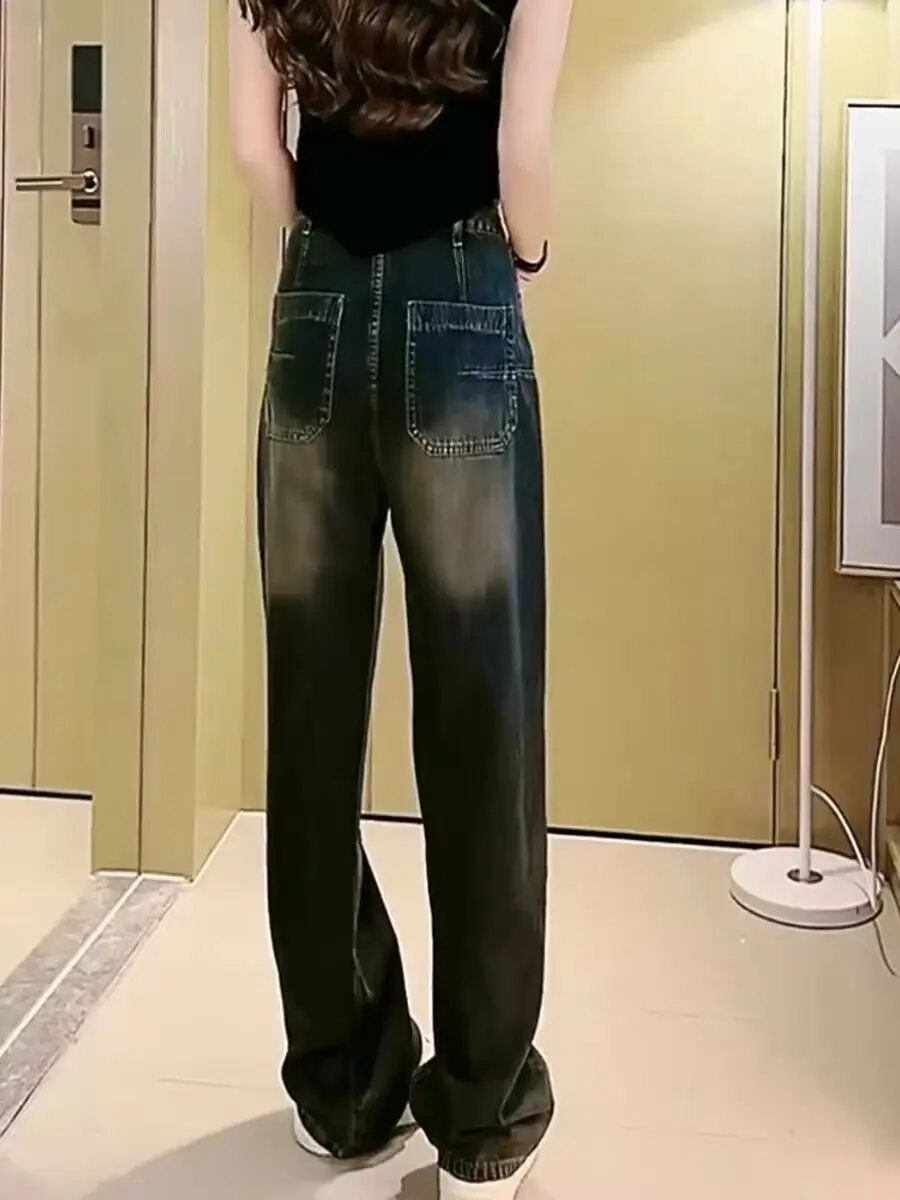 

Женские джинсы с высокой талией и широкими штанинами, тонкие, свободные, скрывающие бедра, стройнящие, больших размеров, прямые, длинные брюки, осенняя новинка, винтажный стиль