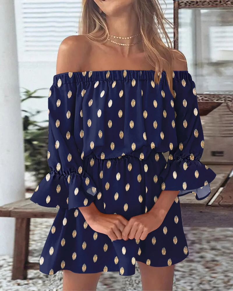 

Women's Dress Fashion Spring Summer Bronzing Polka Dot Off The Shoulder Bell Sleeve Dress Casual Waist A Line Mini Dress