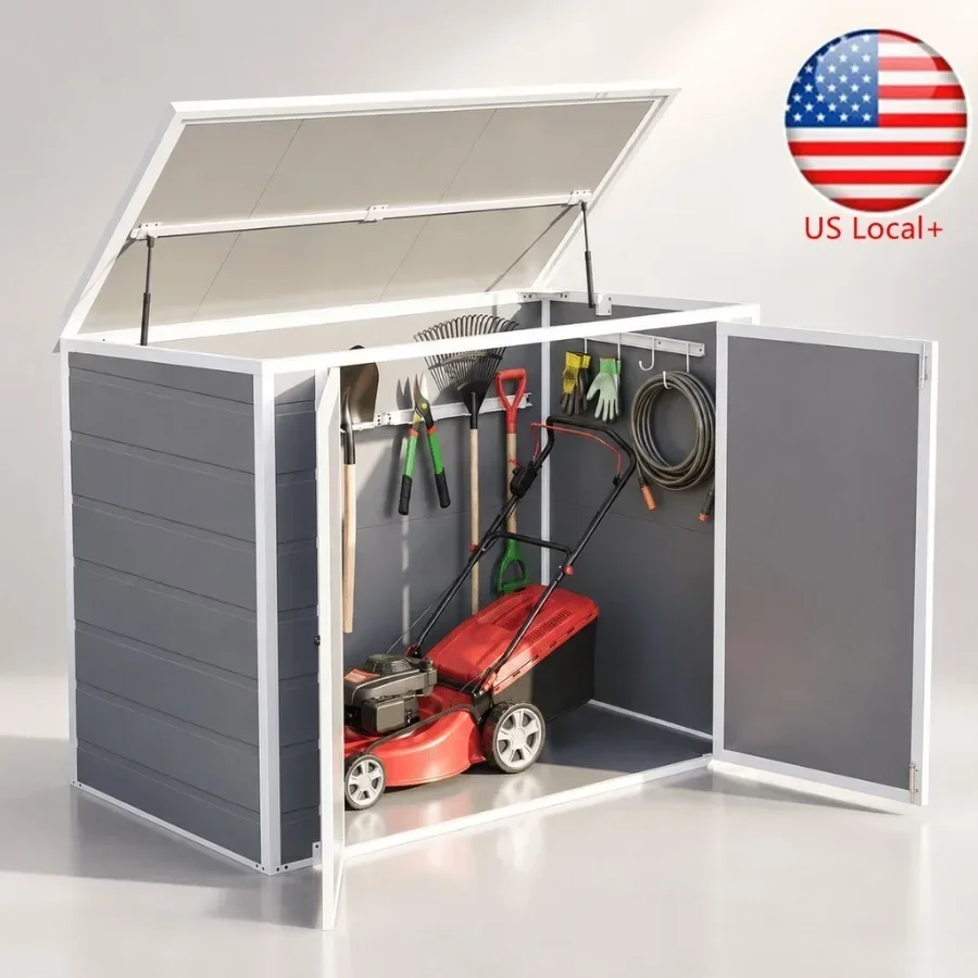 Outdoor storage shed for trash cans and garden tools, 42 cu ft capacity, resin material, gray color, weather-resistant and lock
