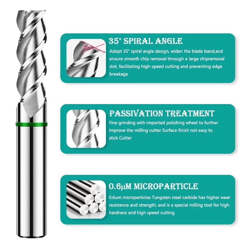 YIFINO TGH-HRC50 Green Ring 3-Flute acciaio al tungsteno carburo di alluminio fresa a fondo piatto CNC Mechanical Machin End Mill