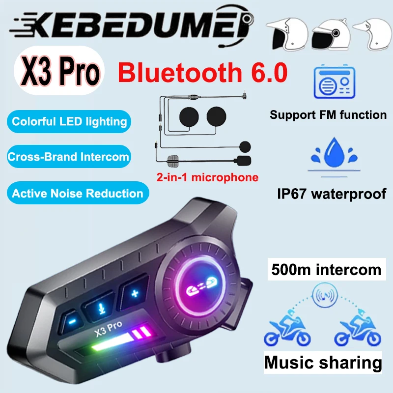 

Kebidumei Bluetooth6.0 Motorcycle Helmet Intercom Headset Wireless Hands-free Call Phone Kit with Music Sharing Support FM