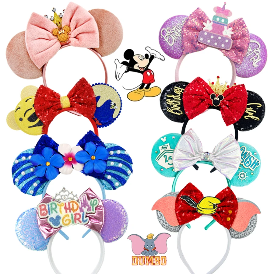 New Birthday Girls Mickey Mouse Ears Headbands for Women Party Hair Accessories Minnie Mouse Sequins Bows Hairband Kids Gifts