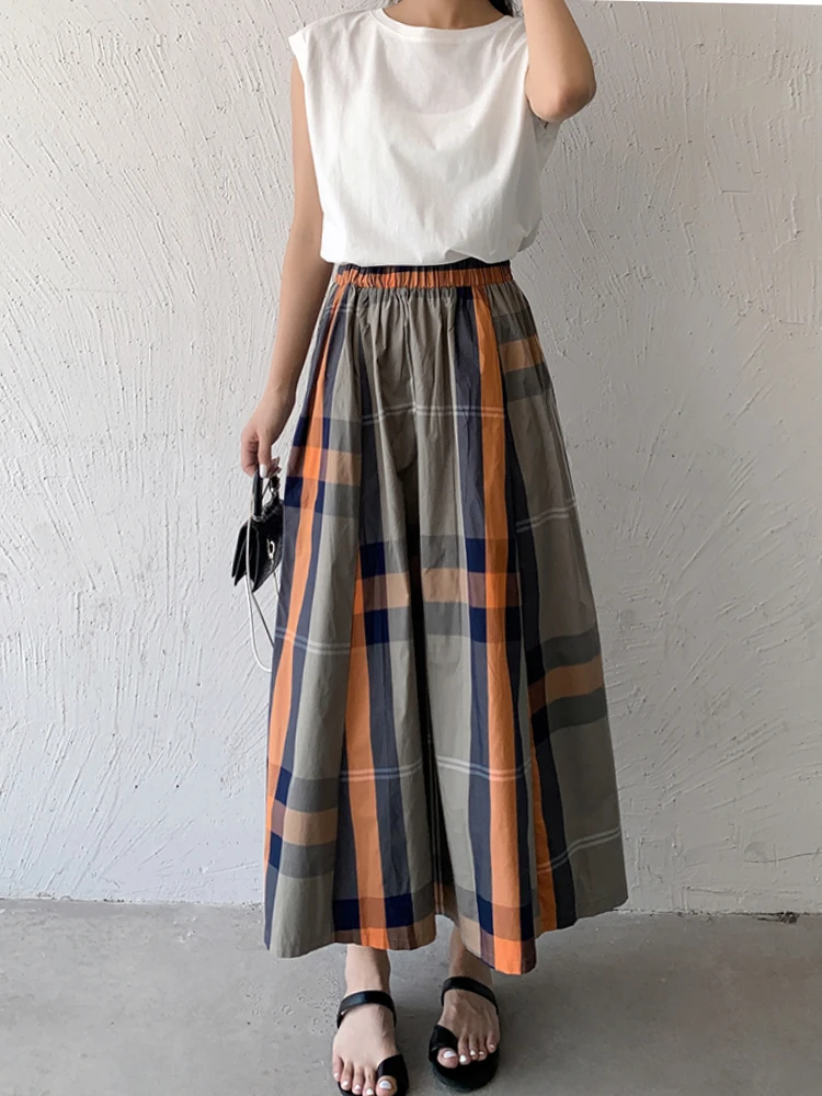 Comfortable French Retro Plaid Skirts Contrast Color Pleated A-line Flowing Skirts All-match Elastic Waist Mid Length Sweet Lady