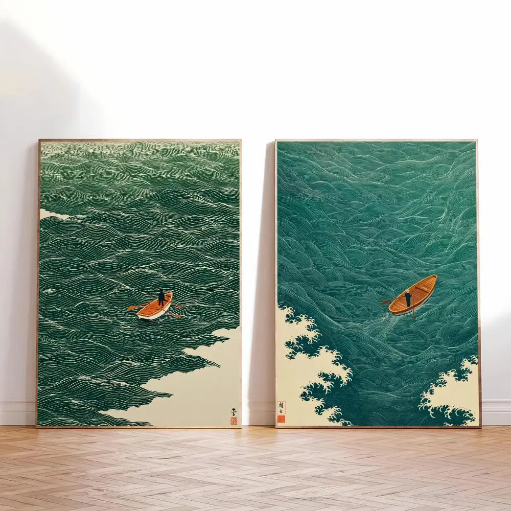 Japanese Wave HD Wall Art Poster Nautical Vessel Minimalist Ocean Traditional Style Coastal Home Decor Gift