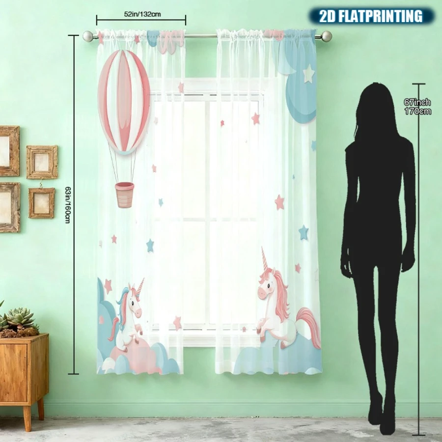 2PCS Digital Print Sheer Curtain, Unicorn Hot Air Balloon, Boho Chic Window Curtains for Living Room Bedroom Home Decor