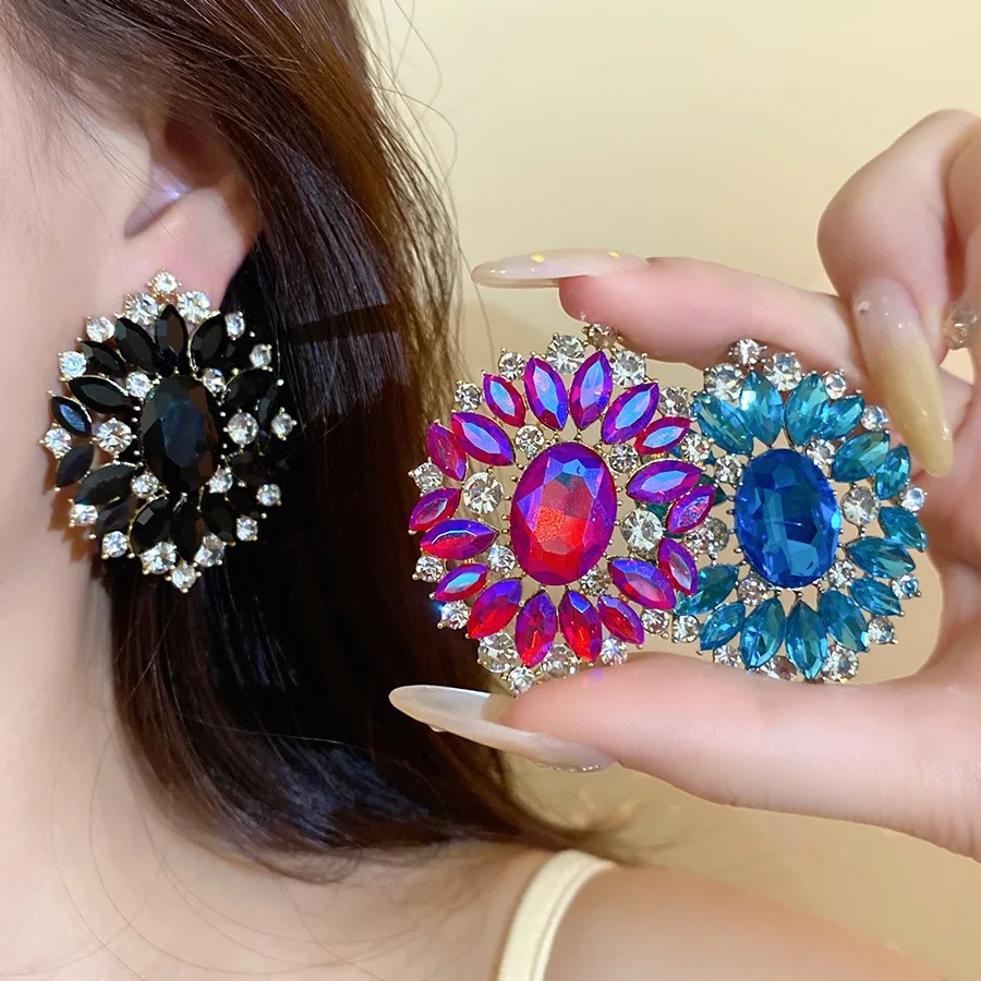 Oval Center Crystal Floral Stud Earrings Marquise Rhinestone Ear Jewelry Multicolor Gem Elegant Party Formal Women Fashion Gift