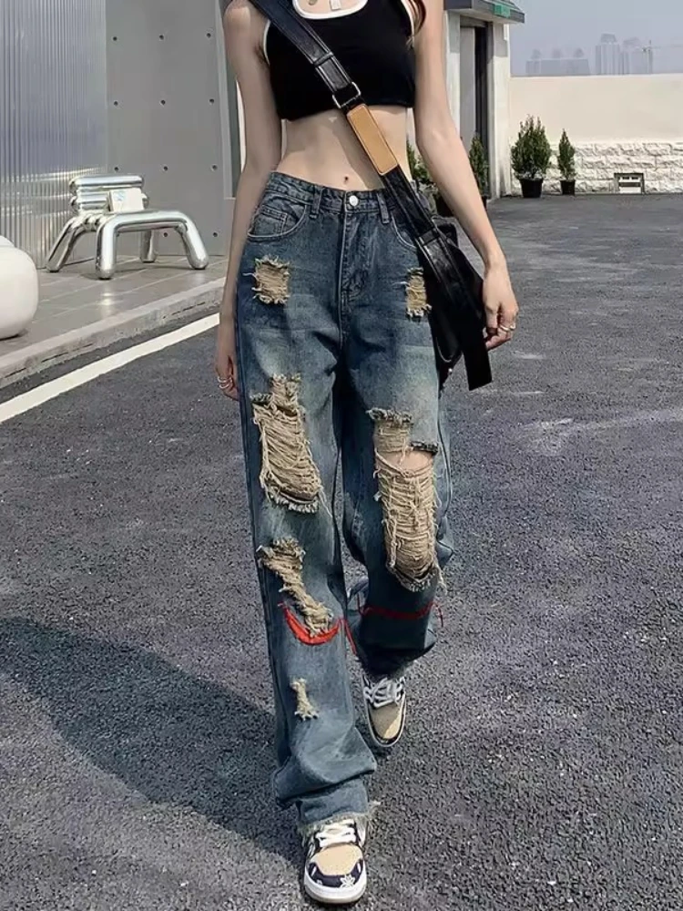 

Y2k Harajuku Vintage Jeans High Waist Hole Hollow Out Patchwork High Street Straight Pants 2025 Spring All Match Women Clothing