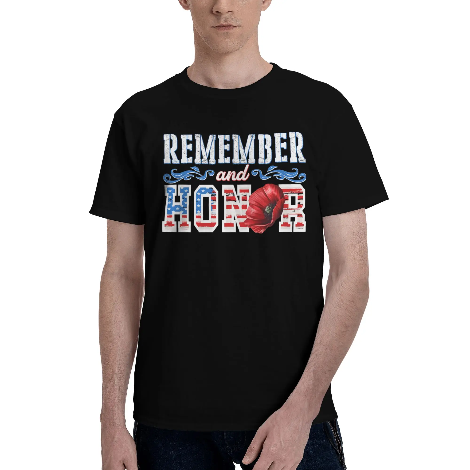 Veterans Day USA Red Poppy Flower Military Funny 100% Cotton T-Shirt Memorial Day Tees Tops For Men