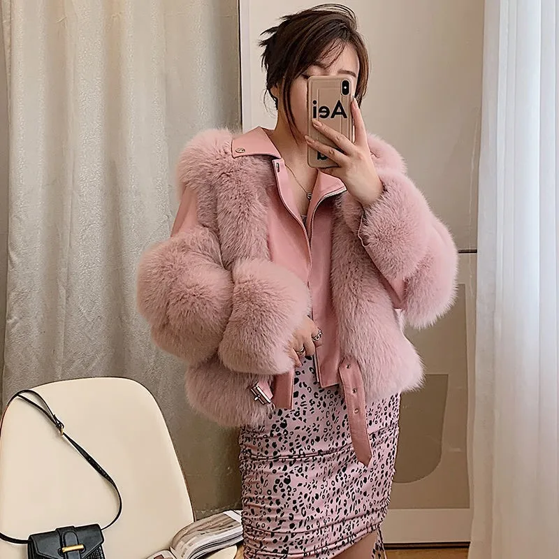 

New whole fur and blend coat for women short light motorcycle style pink