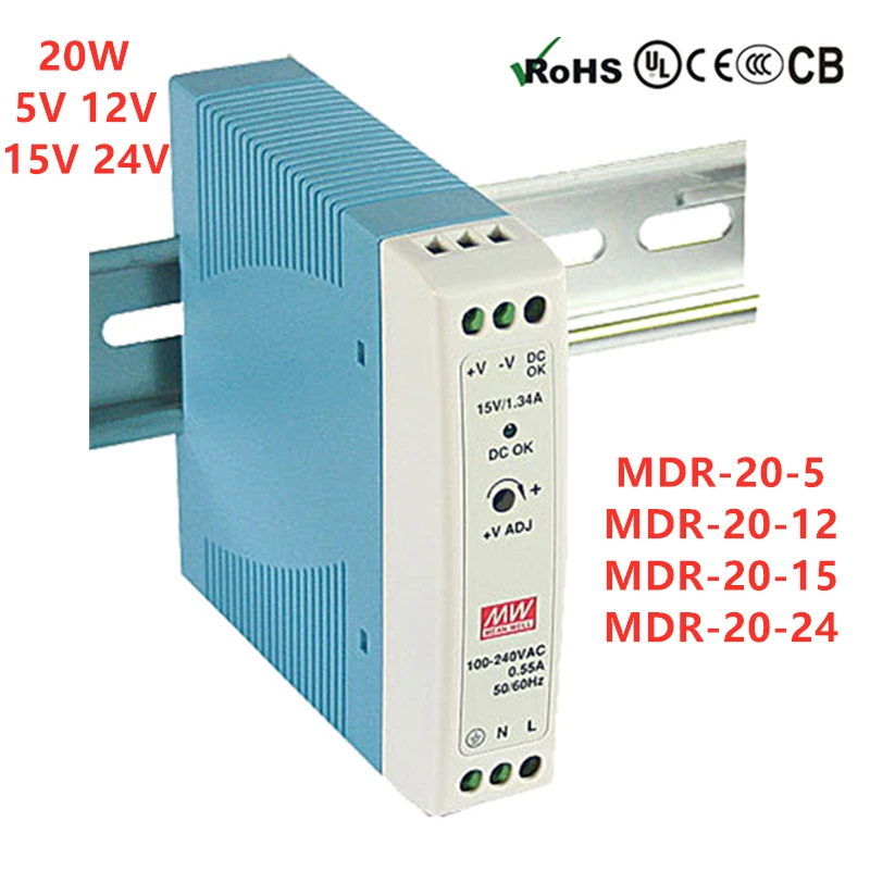 

MEAN WELL MDR-20-5 MDR-20-12 MDR-20-15 MDR-20-24 Industrial Din Rail 20W Single Output Switching Power Supply 5V 12V 15V 24V