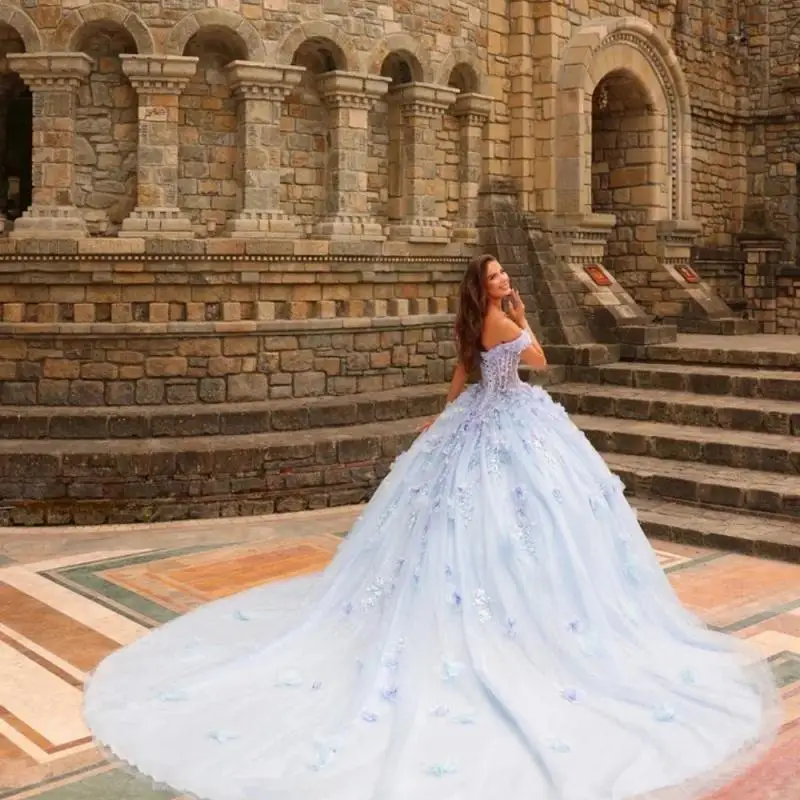 Vestido para quinceañeras azul brillante con hombros descubiertos, vestido de fiesta Sexy con cuello en V, vestido de fiesta de graduación de encaje con apliques encantadores, 16 personalizado