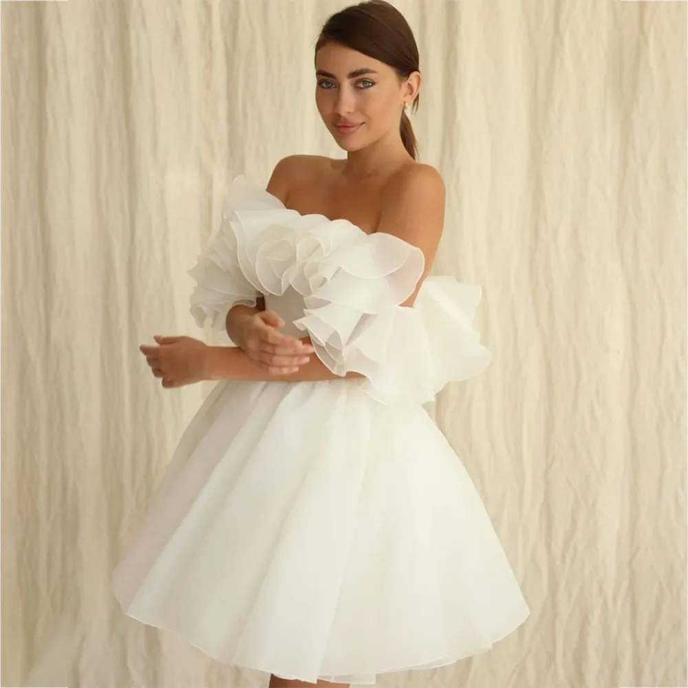 

A-line Short Organza Wedding Dress 2024 Ruffles Off Shoulder Tea Length Lace Up Bridal Gowns Beach Vestidos De Novia