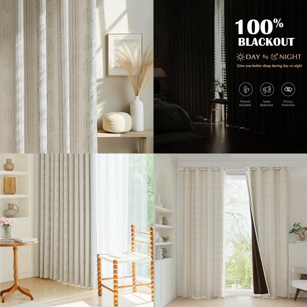 

100% Boho Blackout Curtains 84 Inches Long for Bedroom, Taupe on Beige Patterned Bohemian Curtains for Living Room, Geometric St