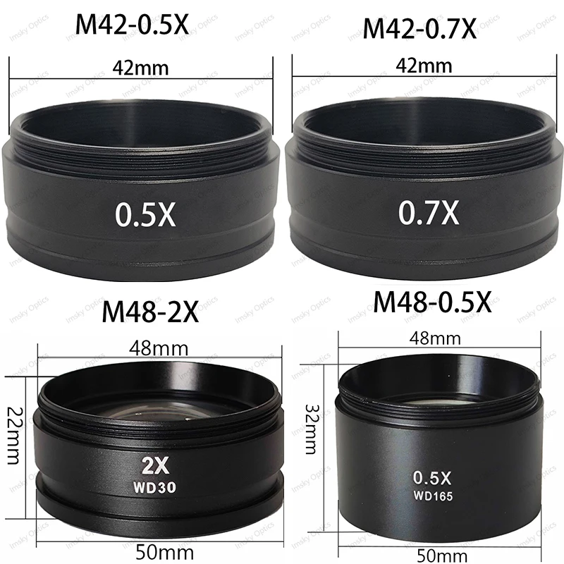 1X 0.3X 0.5X 0.7X 0.75X 1.5X 2X M48 Zoom microscopio estéreo objetivo Barlow 0.3X 0.5X 0.7X 1.5X 2X M42 10A 120X/180X/300X lente