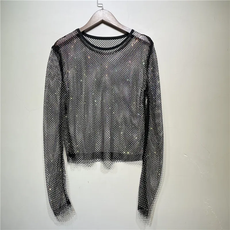 

Women Rhinestone Mesh Sheer Top See Through Long Sleeve Crew Neck Bling Shiny T Shirt Bright Starlight Hollow Bottoming Shirt