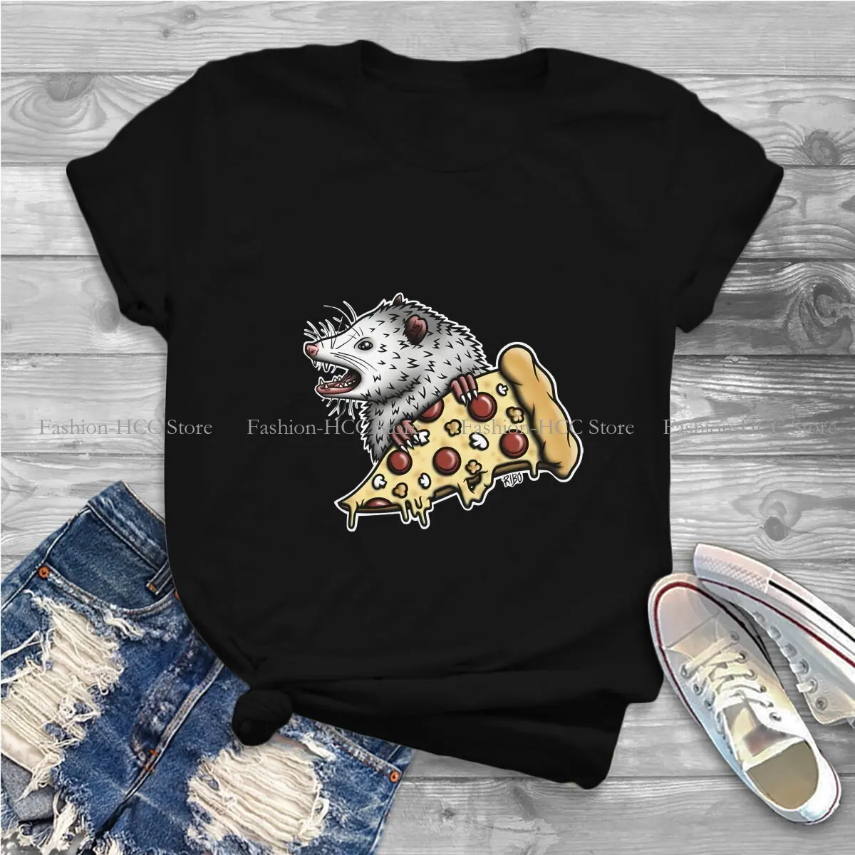 Cute Opossum Polyester TShirts Pizza Distinctive Women's T Shirt New Trend Tops