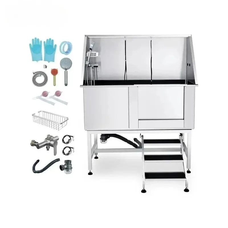 

50" Pet Dog Bathing Station with Stairs Faucet Bathtub Stainless Steel Dog Grooming Tub for Large Pets Washing Sink