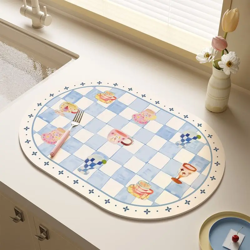 VIKAMA French Checkered Oval Dish Rack Mat, Absorbent and Quick-Drying Sink Countertop Mat, Kitchen and Home Decor