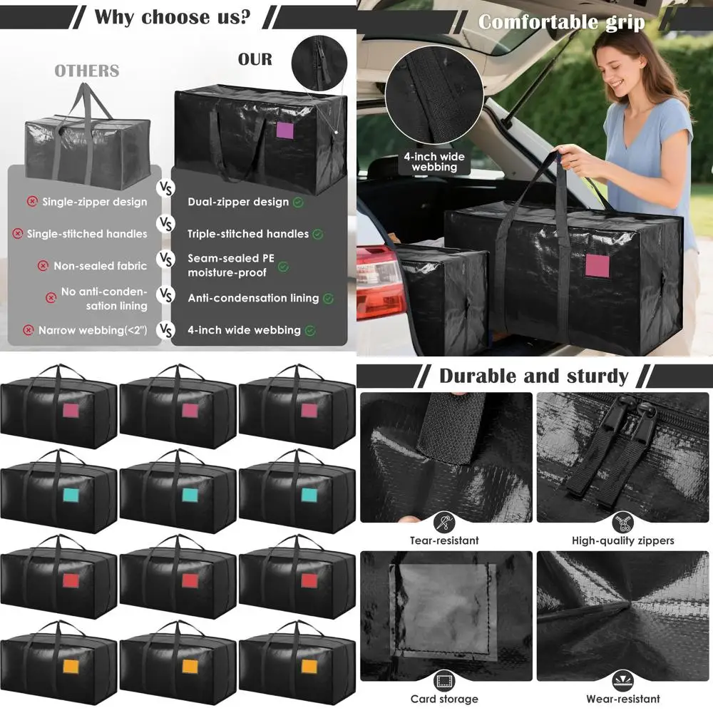 

Extra Large Heavy-Duty Moving Bags with Reinforced Zipper, Moisture-Resistant Storage for Clothes, Dorm, Travel, and Home Organi