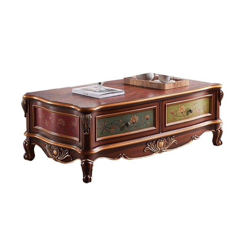 TQH coffee table solid wood hand-painted TV cabinet American painting living room retro carved rectangular furniture