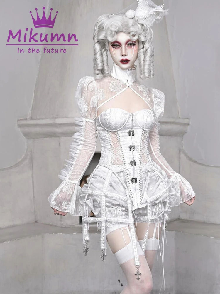 Gothic Lolita White Mesh Lace Pleated Ruffles Puff Sleeve Stand Neck Cardigan Crop Tops Shirts