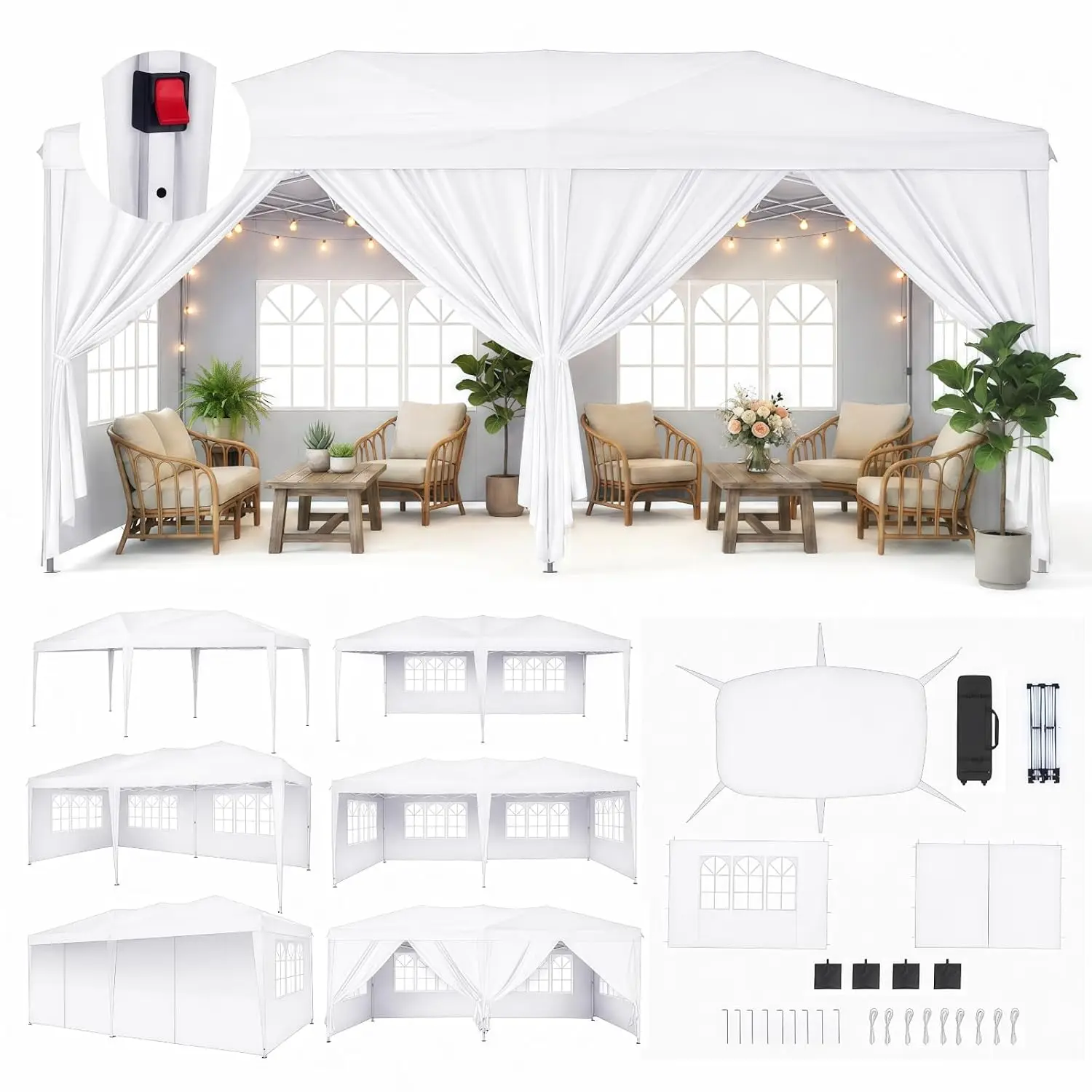 10x20 FT Pop Up Canopy Tent,6 Sidewalls,2 Mesh Netting (White), Customized