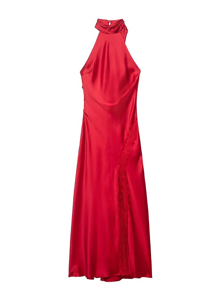 Vestido de Noche Elegante para Mujer, con Encaje, Abertura Decorativa en el Bajo, Cuello Halter, Sin Mangas, Espalda Descubierta, Verano, Sexy