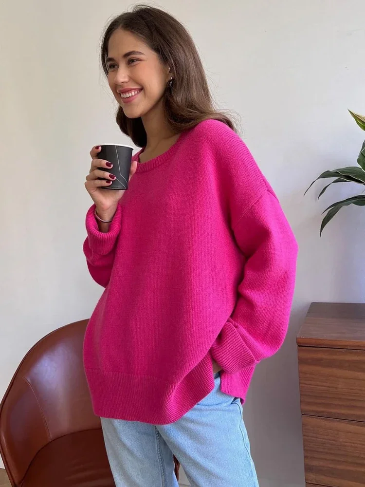 Autumn Winter Women\'s Sweater O Neck Solid Color Knitted Pullovers Split New Oversized Casual Loose Fashion Women Sweaters 2024