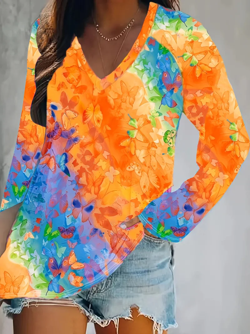 

Женская футболка больших размеров с длинным рукавом и градиентным принтом бабочки, топ с длинными рукавами и v-образным вырезом