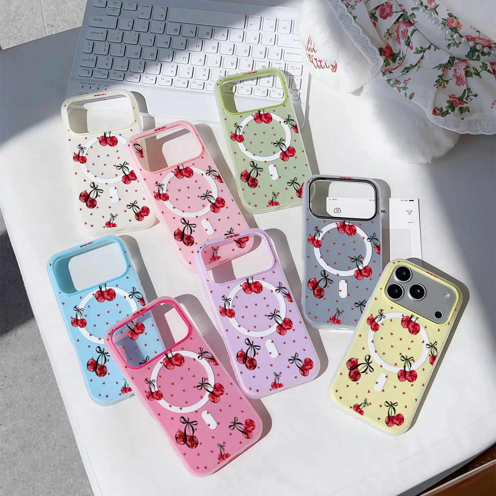 Cherry Heart Bows Luxus Candy Color 2 IN 1 Magsafe Hülle für IPhone 16 15 14 13 17 Pro Max Plus Clear Matte Soft Cover