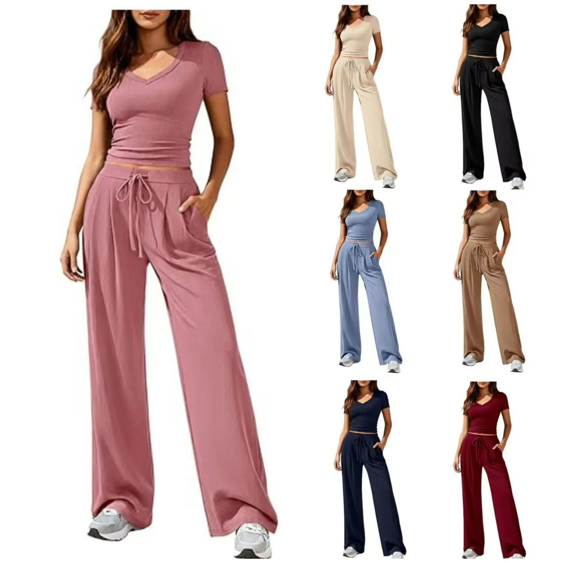 

2 Piece Set Women's 2-piece Sets V Neck Crop Tee Solid Casual Summer Top Dusty Pink Light Blue Khaki Beige Black